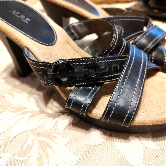 🖤 Adorable Vintage Deadstock Black & Tan Strappy Slide Buckle Heels - 7.5M - Picture 13 of 16
